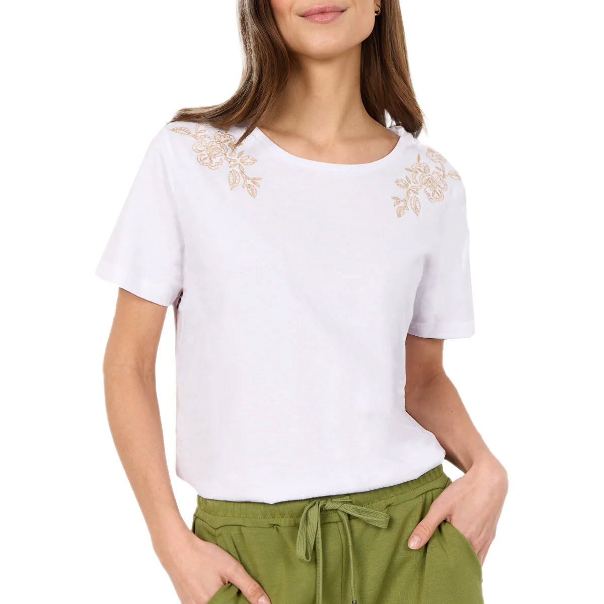 T-Shirt Ricamo Fiori Puro Cotone DERBY45 Donna SOYACONCEPT