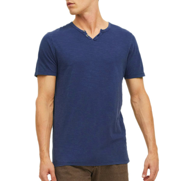 T-Shirt Finto Serafino Cotone Fiammato SPLITNECK-TEE Uomo JACKJONES